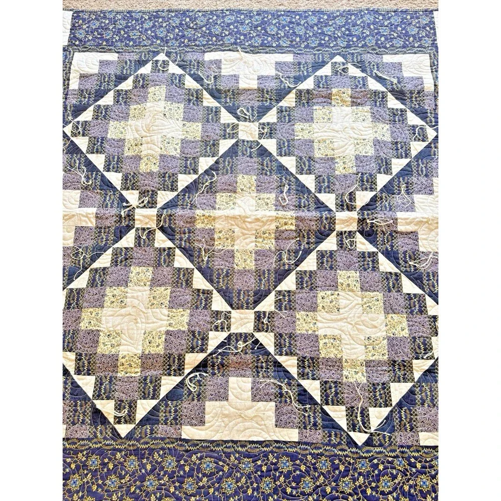 Vintage Style Handmade Prayer Qulit Patchwork Quilt Shades of Blue 50